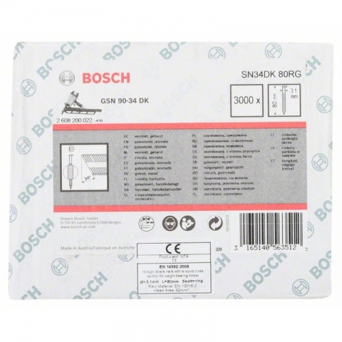 products/Гвозди 3000 шт. с D-образной головкой SN34DK 80RG; 80 мм для GSN 90-34 DK, Bosch, 2608200022