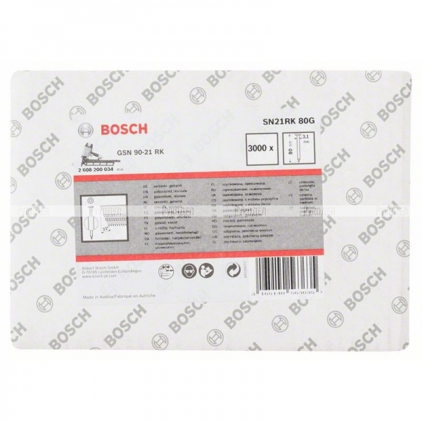 Гвозди 3000 шт. с круглой головкой SN21RK 80G; 80 мм для GSN 90-34 DK, Bosch, 2608200034