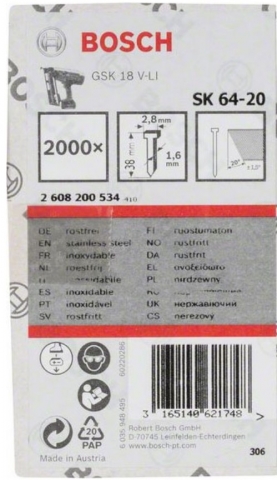 products/Штифт для гвоздезабивателя GSK 18 V-Li, SK64 20NR, набор 2000 штифтов, Bosch, 2608200534