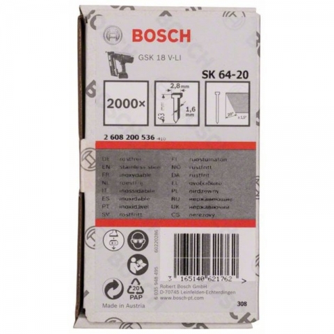 products/Гвозди 2000 шт. с потайной головкой SK64-20 NR; 63 мм для GSK 18 V-Li, Bosch, 2608200536