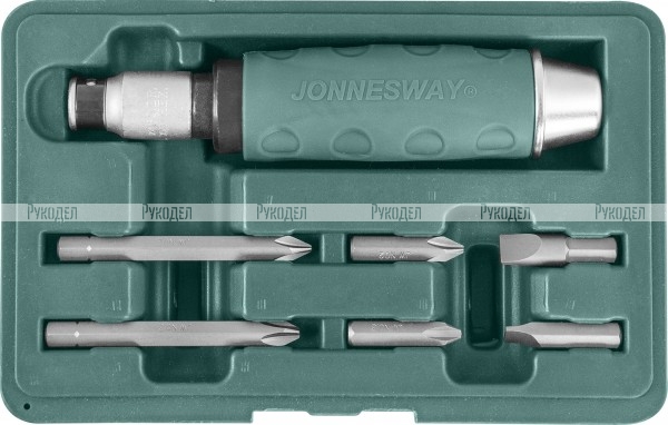AG010055A Jonnesway Ударная отвертка с битами SL 8,10мм PH# 2,3  36мм и PH# 2,3  80мм, 7 предметов
