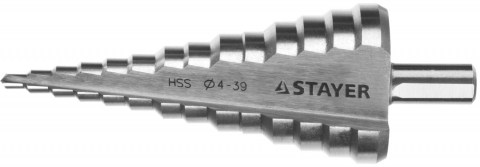 products/Сверло ЗУБР "МАСТЕР" 29665-4-39-14 ступенчатое по сталям и цвет.мет., быстрорежущая сталь, d=4-39мм,14ступ.d=4-39, L -113 мм, трехгран.хв. 10мм