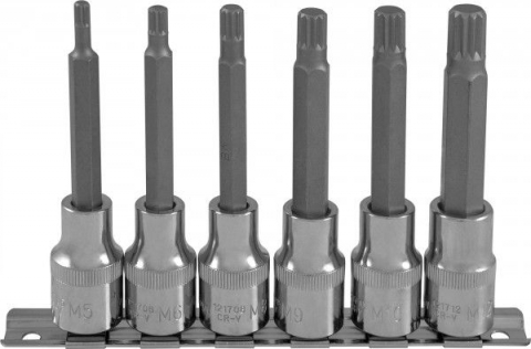 products/921706 Набор насадок торцевых 1/2"DR с вставками-битами SPLINE на держателе, M5-M12, 100 мм, 6 предметов.OMBRA