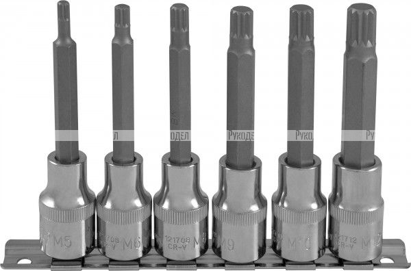 921706 Набор насадок торцевых 1/2"DR с вставками-битами SPLINE на держателе, M5-M12, 100 мм, 6 предметов.OMBRA