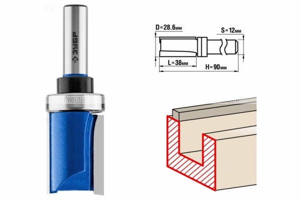 ЗУБР 28,6x38мм, хвостовик 12мм, фреза пазовая прямая с верхним подшипником 28756-28.6-38-12