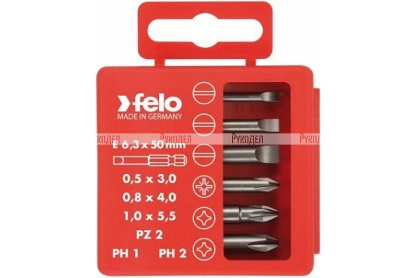Набор бит шлицевых плоских, PZ2 и PH1-2 50 мм в упаковке, 6 шт Felo 03092516