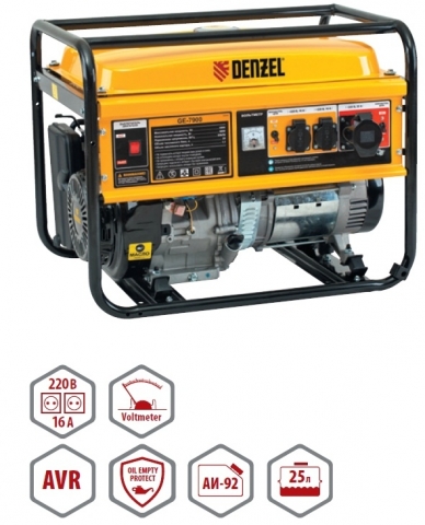 products/Генератор бензиновый Denzel GE 7900 6,5 кВт, 220В/50Гц, 25 л, ручной старт (арт. 94638)