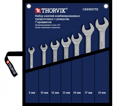 products/Набор комбинированных трещоточных ключей Thorvik CRRWS7TB с реверсом, в сумке, 8-19 мм, 7 пр.