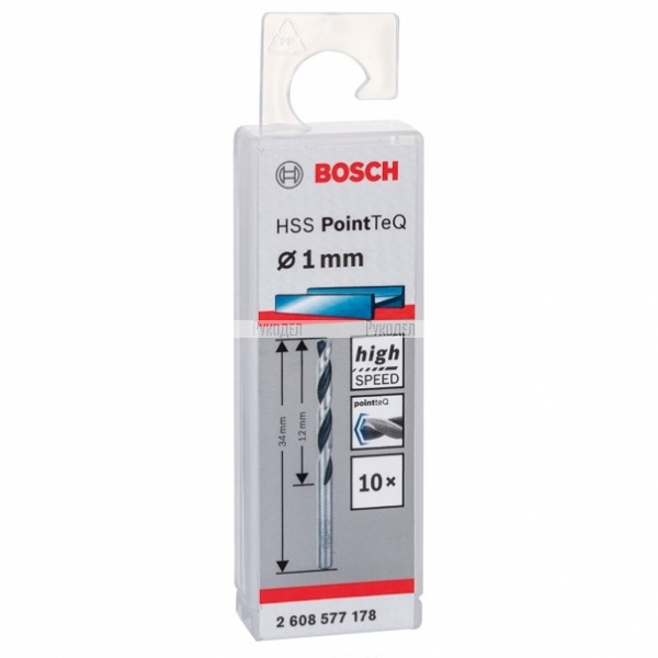 Спиральное сверло Bosch HSS PointTeQ 1.0 мм DIN 338 (135 град.) по металлу (10 шт.) (арт. 2608577178)