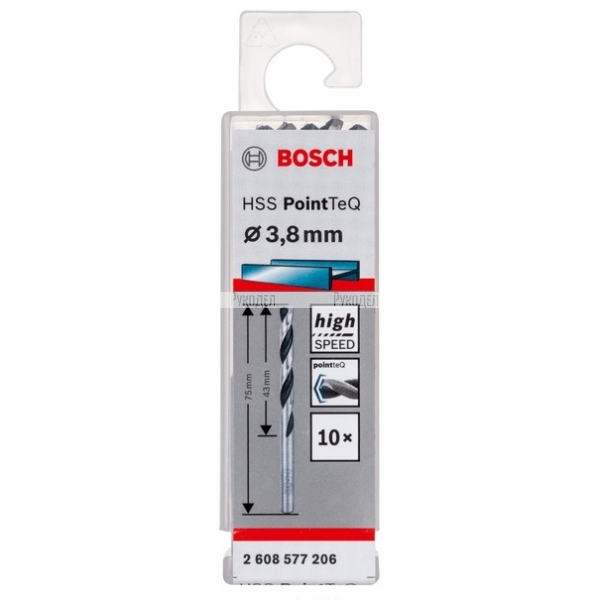 Спиральное сверло Bosch HSS PointTeQ 3.8 мм DIN 338 (135 град.) по металлу (10 шт.) (арт. 2608577206)