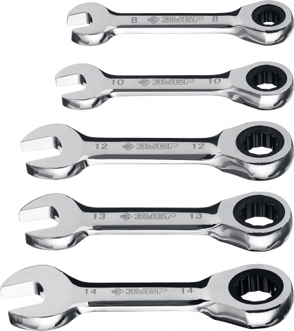 products/Набор комбинированных гаечных ключей трещоточных укороченных 5 шт, 8 - 14 мм, ЗУБР 27103-H5