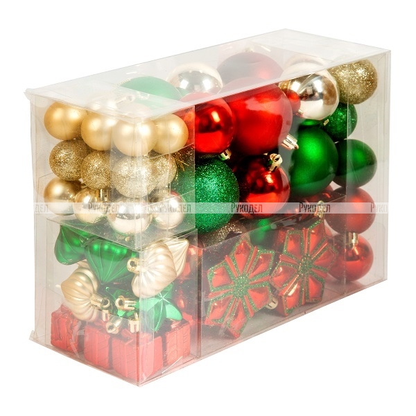 Набор ёлочных шаров, пластик, красный/золотой/зеленый микс, 79 шт. в упаковке, Winter Glade, арт. 60379G311