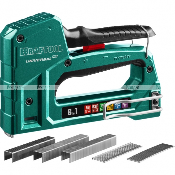 Степлер для скоб Universal HD 6-в-1: 53(6-14мм)/53F(8-14мм)/140(8-14мм)/13(6-14мм)/300(16мм)/500(16мм), литой, алюм. корп, скобы в компл, KRAFTOOL 3188