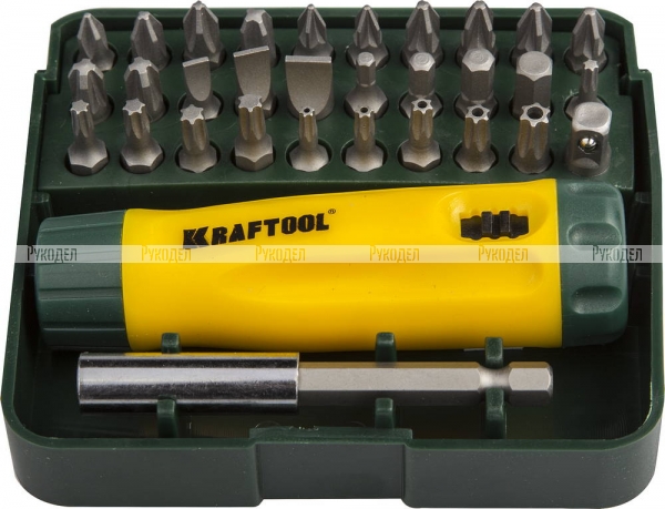 Набор KRAFTOOL Отвертка реверсивная с битами и адаптером, Cr-V, 32 предмета