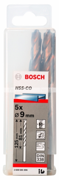 Сверло HSS-Co Standardline (5 шт; 9х125 мм; DIN 338) по металлу Bosch 2608585896