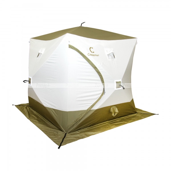Палатка зимняя куб СЛЕДОПЫТ "Premium" 2,1х2,1 м, S по полу 4,4 кв.м, 3 слоя,  2 двери, цв. олив/бел, PF-TW-40